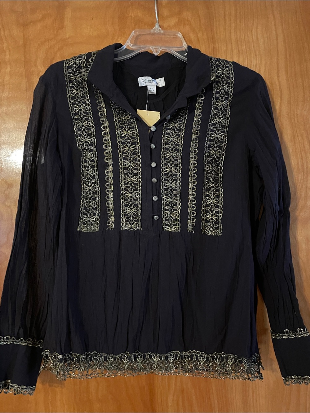 Coldwater Creek Black Blouse with Gold Embroidery